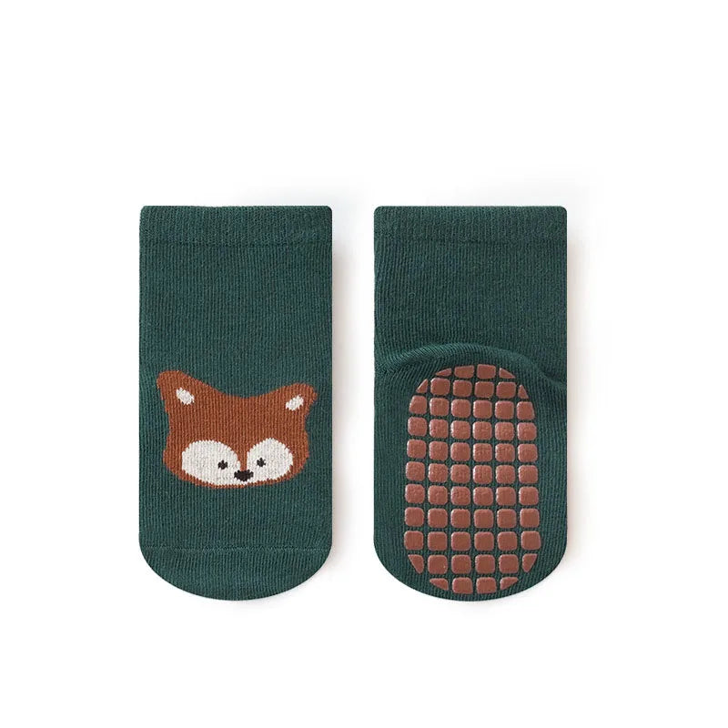 6 Pairs Kids Non-Slip Socks Cute Cartoon Fox and Bear Pattern Childrens Boys Girls Floor Socks Comfortable for Toddler