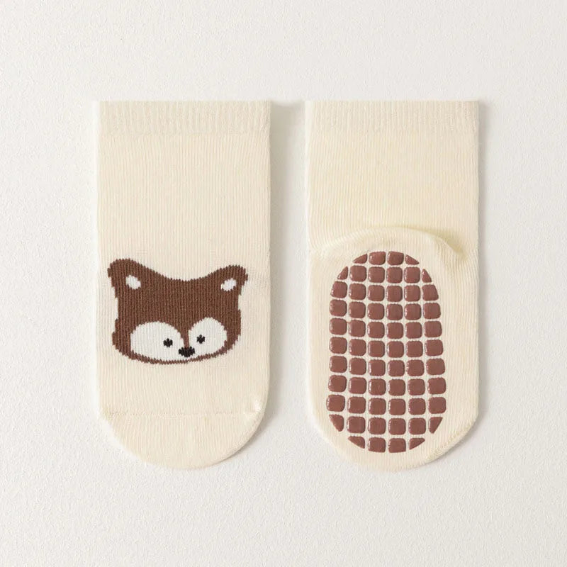 6 Pairs Kids Non-Slip Socks Cute Cartoon Fox and Bear Pattern Childrens Boys Girls Floor Socks Comfortable for Toddler