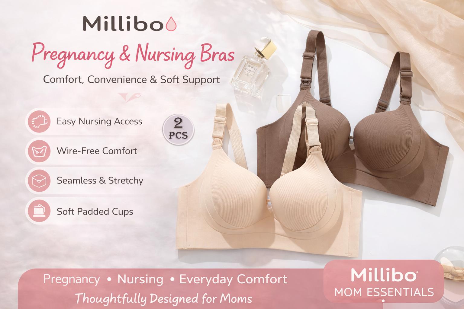 2-pack Millibo Brown + Apricot Women's Pregnancy Nursing Bra Seamless Soft Support