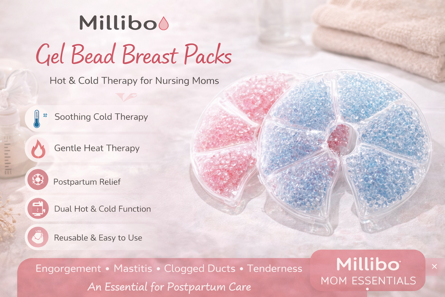 Gel Bead Breast Ice Pack - Hot/Cold dual use for Pain Relief, Breastfeeding Essentials